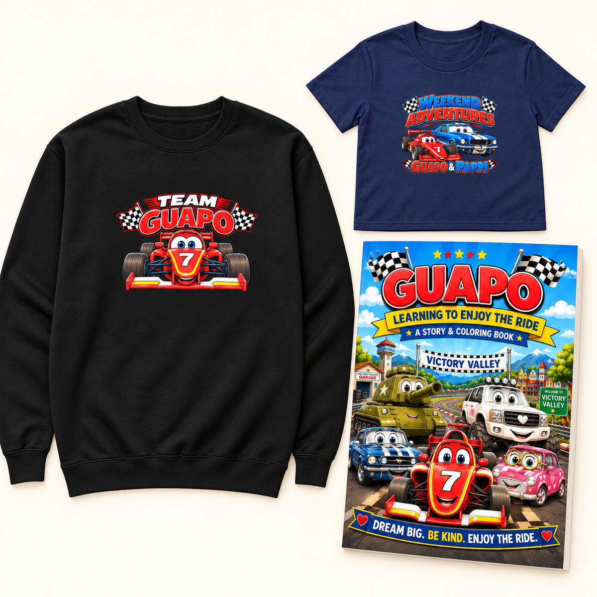 Guapo Learning to Enjoy the Ride book beside Team Guapo sweatshirt and Guapo & Pappi T-shirt