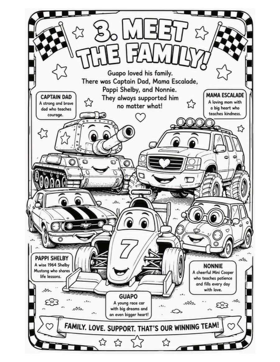 Meet the Family coloring page: Guapo with Captain Dad, Mama Escalade, Pappi Shelby and Nonnie